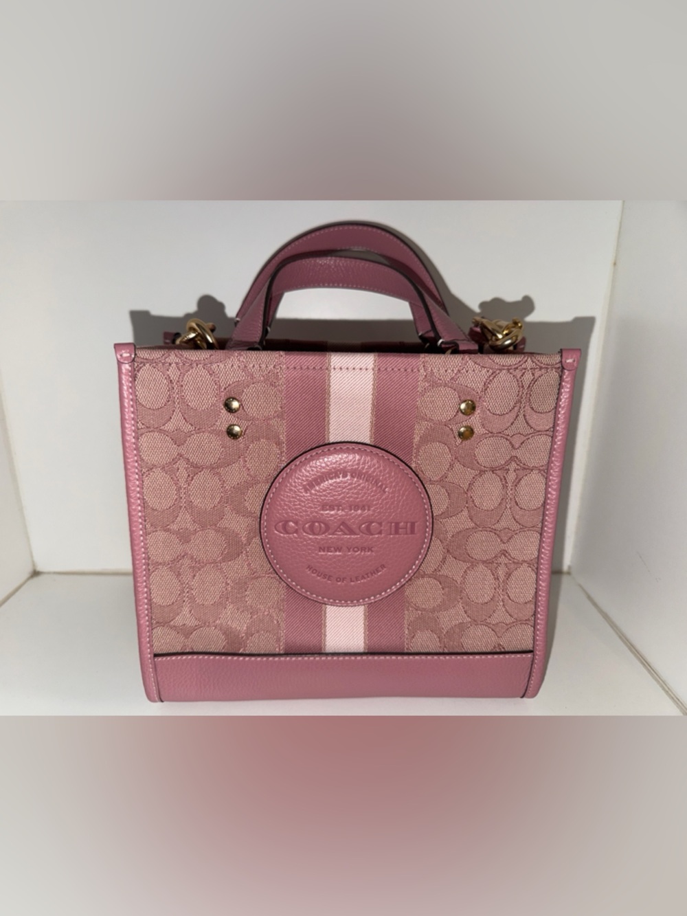 Coach Dempsey Pink Signature Stripe Mini Satchel with Pink Leather Trim